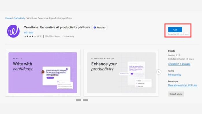 Hướng dẫn đăng nhập Wordtune trên Microsoft Word online bước 1